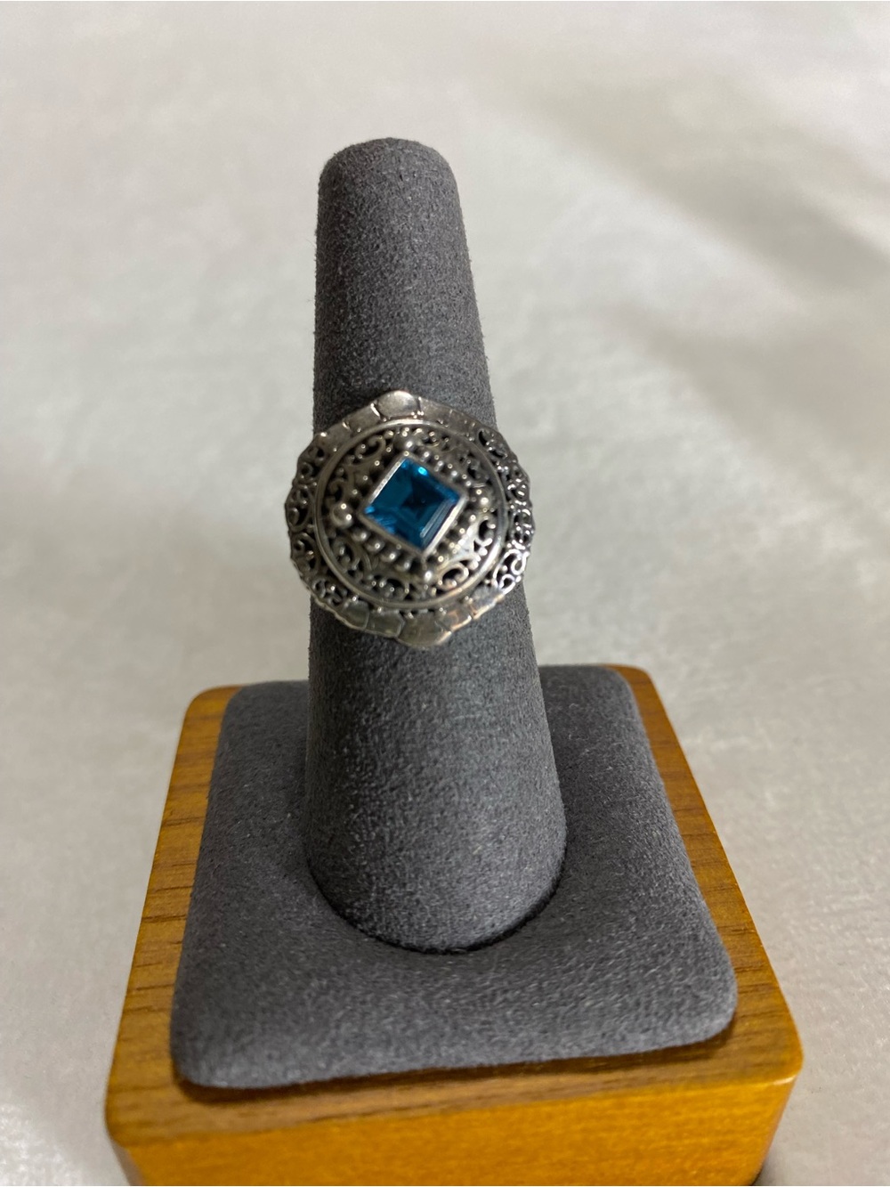 Sarda Sterling Silver Filigree Ring with Swiss Blue Topaz Square Gemstone